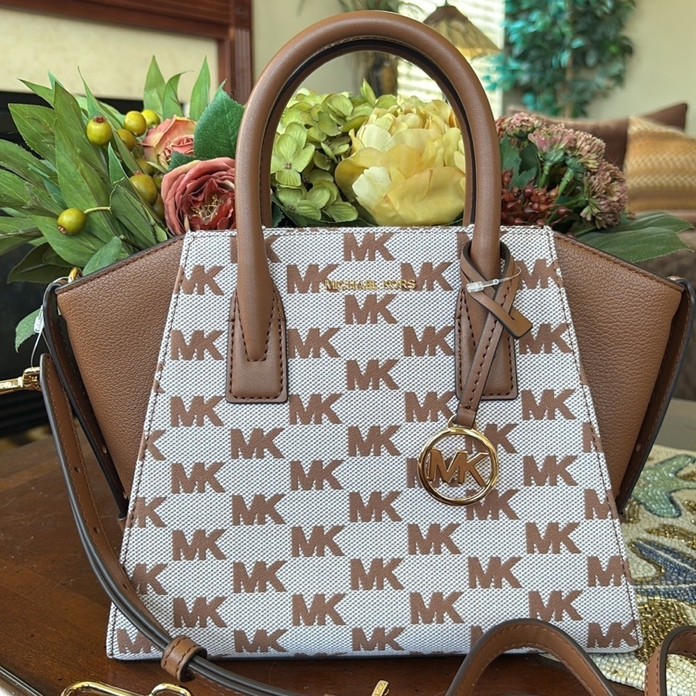 Brand New Michael Kors Avril Luggage Top Zip Satchel Logo Jacquard Crossbody - Picture 2 of 15